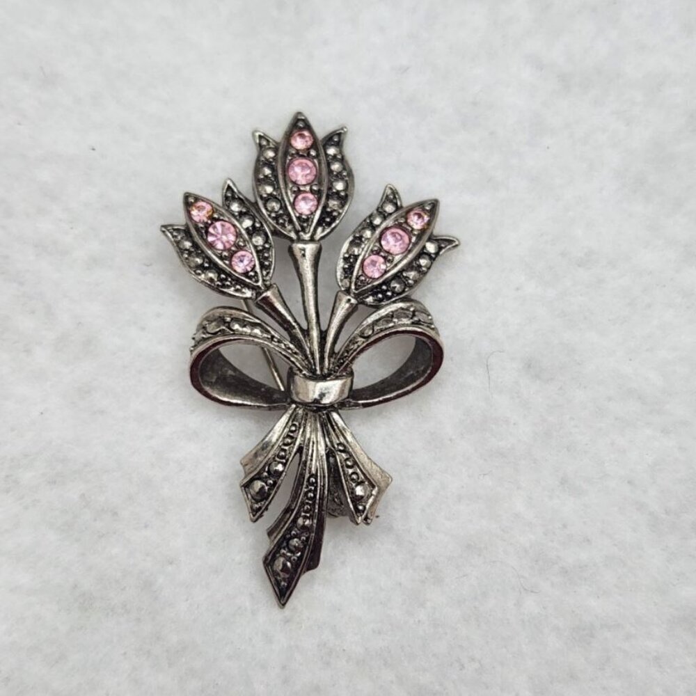 Vintage Avon Pink Tulip Bouquet Brooch Pin Rhinestones Silver Tone Cottage